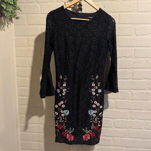 Desigual Black Dress Colorful Floral Embroidery lace bell sleeve at wrist US 4